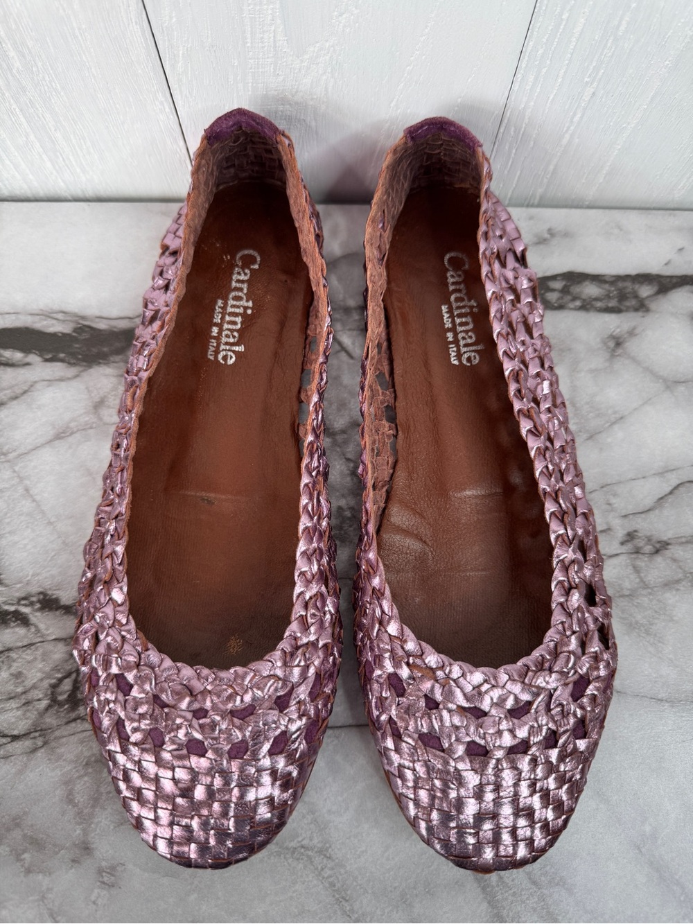Cardinale Italy Pink Metallic Woven Leather Lattice Ballet Flats Size 39